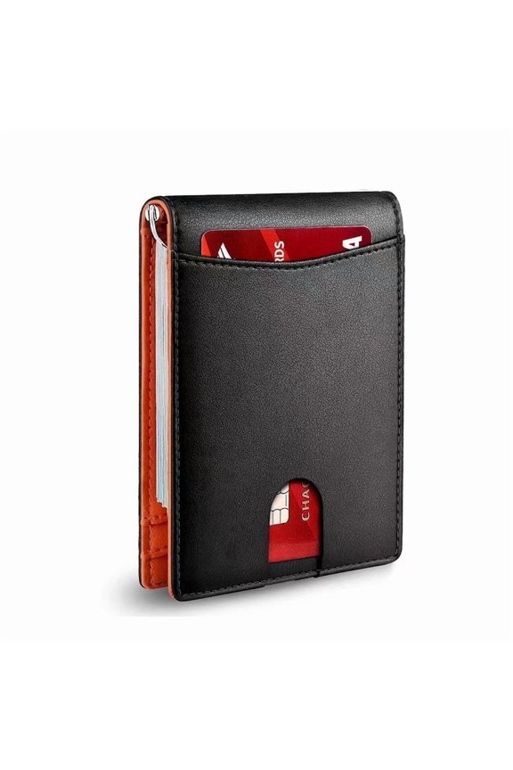 Men’s Slim Wallet – RFID Blocking Bifold with Money Clip, 6 Card Slots, ID Window – Stylish Black & Orange Interior