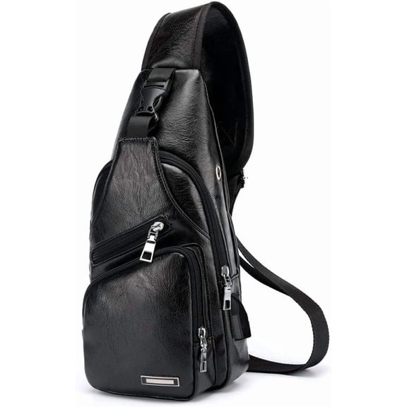 Men's Sling Bag, Business Leather Shoulder Backpacks Campus Travel Crossbody Bag with USB Charging Port ，Black