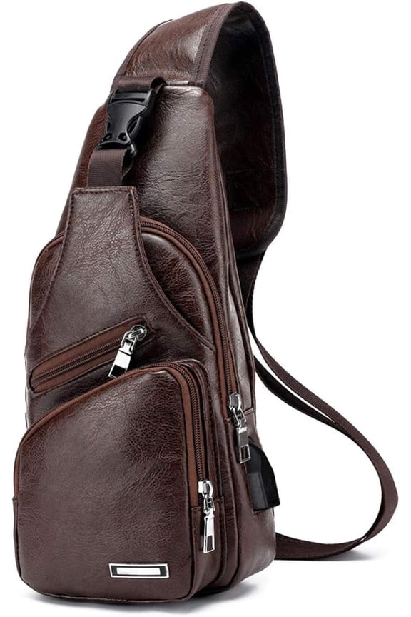 Men's Sling Bag, Business Leather Shoulder Backpacks Campus Travel Crossbody Bag with USB Charging Port ,Dark Brown