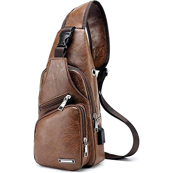 Men's Sling Bag Small Chest Crossbody Shoulder Bag with USB Charging Port，Brown
