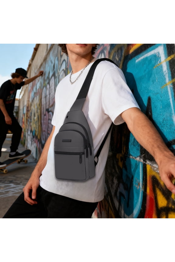 Men's Sling Bag Water Resistant Small Crossbody Backpack for Travel Hiking Everyday Carry Adjustable Shoulder Strap Daypack Polyester Gray