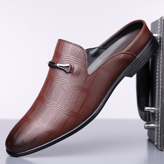 Men's Slip On Backless Mule Loafers, Round Toe Grid Pattern Microfiber Casual Leather Shoes, Multiple Colors, 2026 Summer New Arrival