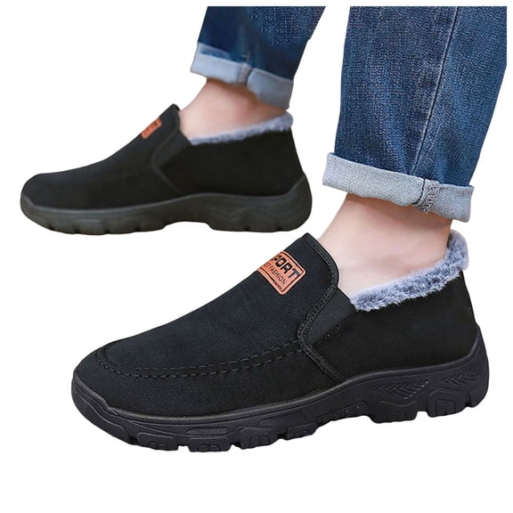 Men's Slip On Black Suede Ankle Winter Boots Fleece Lined Non Slip Hiking Booties Casual Warm Walking Shoes with Arch Support Size 7.5