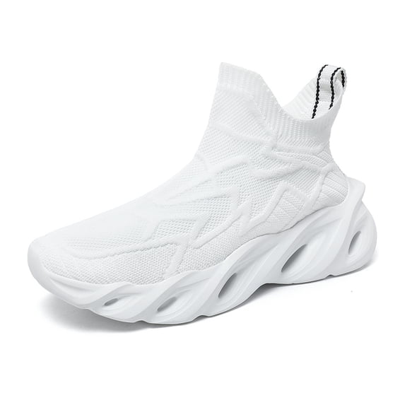 Men's Slip‑On High‑Top Sock Style Casual Sneakers, Stretch Knit Fabric Upper Round‑Toe Hollow Wave‑Shaped Outsole Comfort Footwear For Daily Walking And Casual Outings