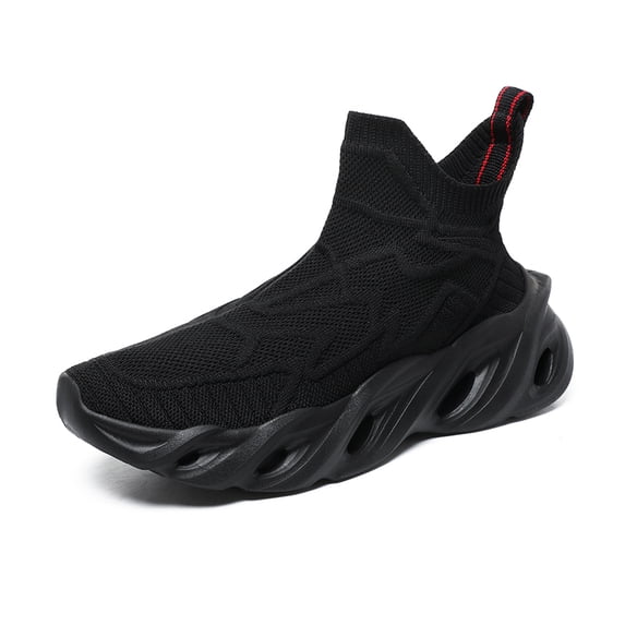 Men's Slip‑On High‑Top Sock Style Casual Sneakers, Stretch Knit Fabric Upper Round‑Toe Hollow Wave‑Shaped Outsole Comfort Footwear For Daily Walking And Casual Outings