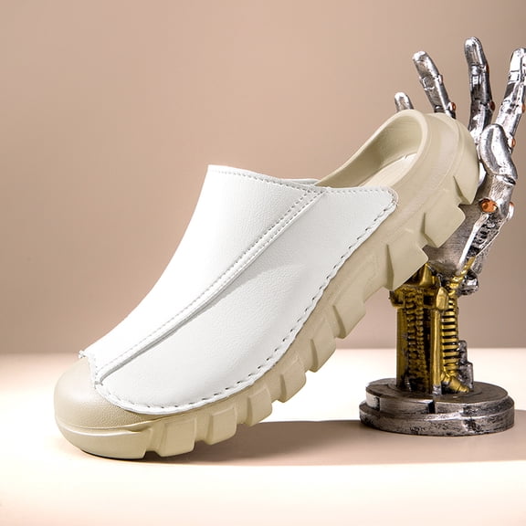 Men's Slip-On Leather Clogs, Casual Chunky Sole Mule Slides