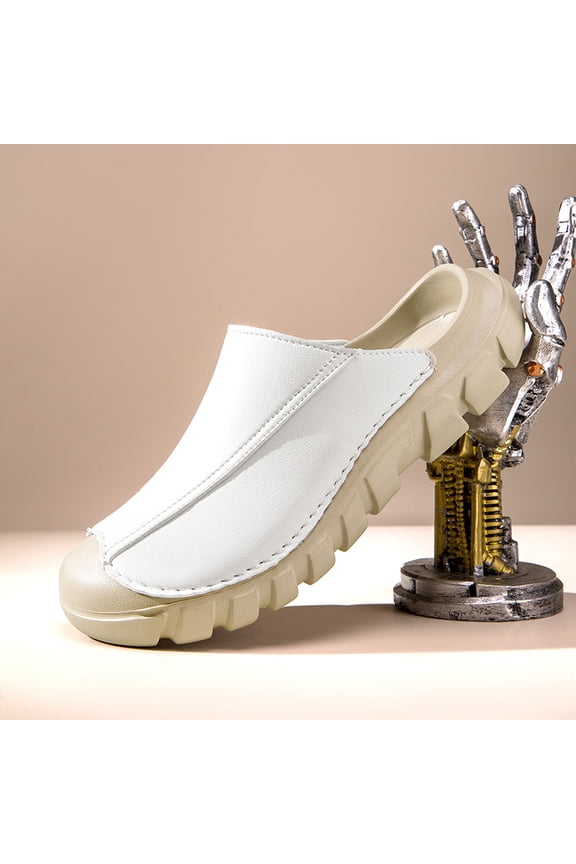 Men's Slip-On Leather Clogs, Casual Chunky Sole Mule Slides