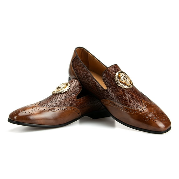 Men's Slip On Loafers Classic Wedding Dress Shoes Mens Fashion Loafers with Gold Buckle, Brown-50, 9 US