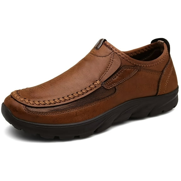 Men's Slip-On Loafers with Non-Slip Sole & Breathable - Slip-Resistant Traction Tread, All-Season Comfort Moccasin Shoes for Walking, Driving, Work & Casual Wear - Easy Slip-On Design, Brown Round