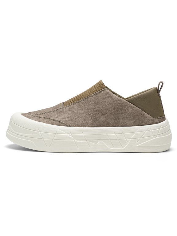 Men's Slip‑On Low‑Top Knit Platform Casual Shoes, Stretch Knit Upper Integrated Collar Rear Pull Tab Rounded Toe Geometric Grooved Thick Midsole Footwear For Quick Daily Wear And Casual Outings