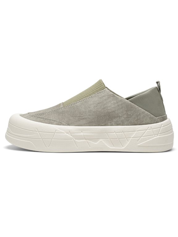 Men's Slip‑On Low‑Top Knit Platform Casual Shoes, Stretch Knit Upper Integrated Collar Rear Pull Tab Rounded Toe Geometric Grooved Thick Midsole Footwear For Quick Daily Wear And Casual Outings
