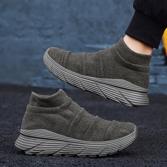 Men's Slip-On Mid-Top Casual Sneakers - Lightweight Breathable Knit Fabric, Elastic Sides for All-Season Comfort for Daily & Leisure Wear, Walking Shoes, ,Easy Wear, MD Cushioned/Comfortable Sneakers
