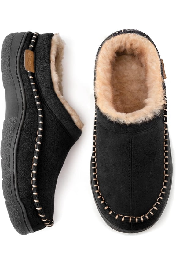 Men's Slip On Moccasin Slippers, Indoor/Outdoor Warm Fuzzy Comfy House Shoes, Fluffy Wide Loafer Slippers