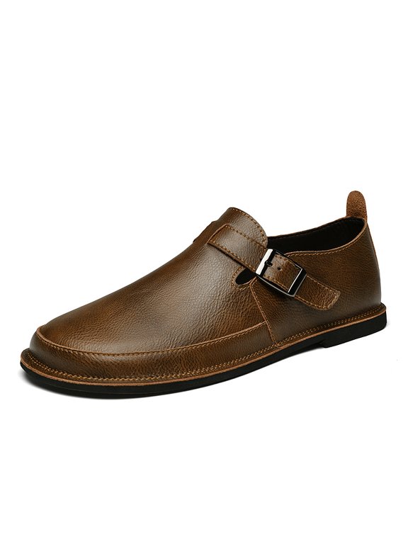Men's Slip‑On Monk Strap Casual Shoes, Round Toe Textured Upper Adjustable Side Buckle Hand‑Stitched Seams Flat Flexible Outsole For Daily Casual Occasions