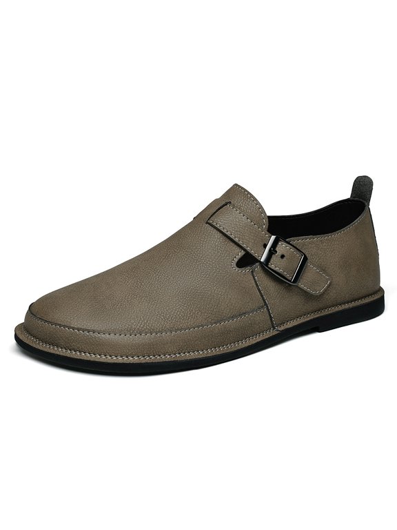Men's Slip‑On Monk Strap Casual Shoes, Round Toe Textured Upper Adjustable Side Buckle Hand‑Stitched Seams Flat Flexible Outsole For Daily Casual Occasions