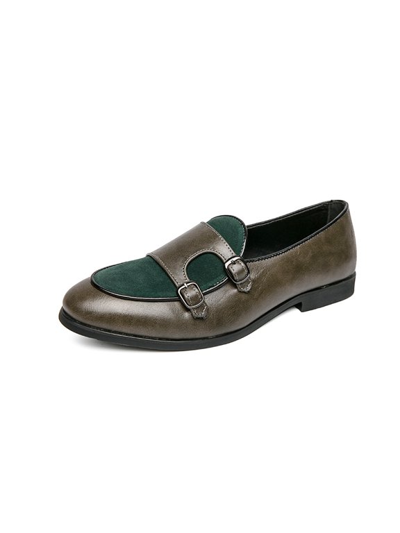 Men's Slip‑On Monk Strap Derby Dress Shoes, Rounded‑Aligned Toe Mixed Material Upper Decorative Buckle Straps Low Block Heel For Formal And Smart‑Casual Occasions