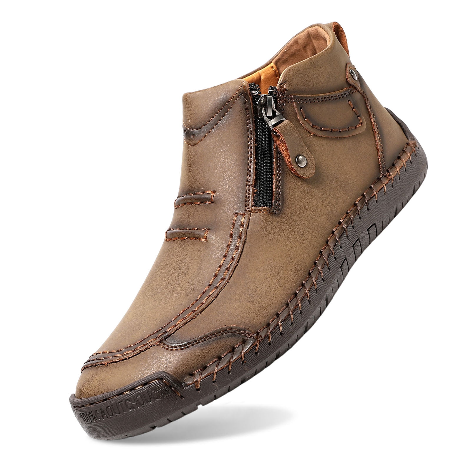 Menâs -On Orthopedic Leather Boots,Menâs Handmade Leather -On Driving Boots,Men Side Zipper Orthopedic Shoes for Driving Hiking