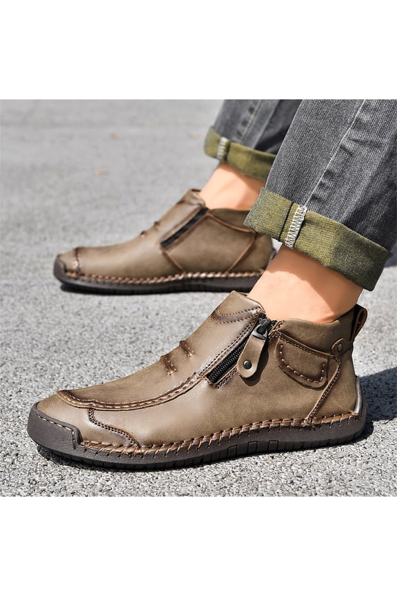 Men’s Slip-On Orthopedic Leather Boots,Men’s Leather Slip-On Driving Boots,Men Side Zipper Orthopedic Shoes for Driving Hiking(Khaki, 6)