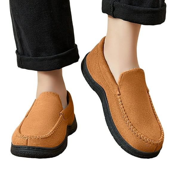 Men's Slip On Suede Flat Casual Shoes Winter Warm Fleece Lined Loafers Round Toe Platform Non Slip Walking Shoes Black Size 10-10.5