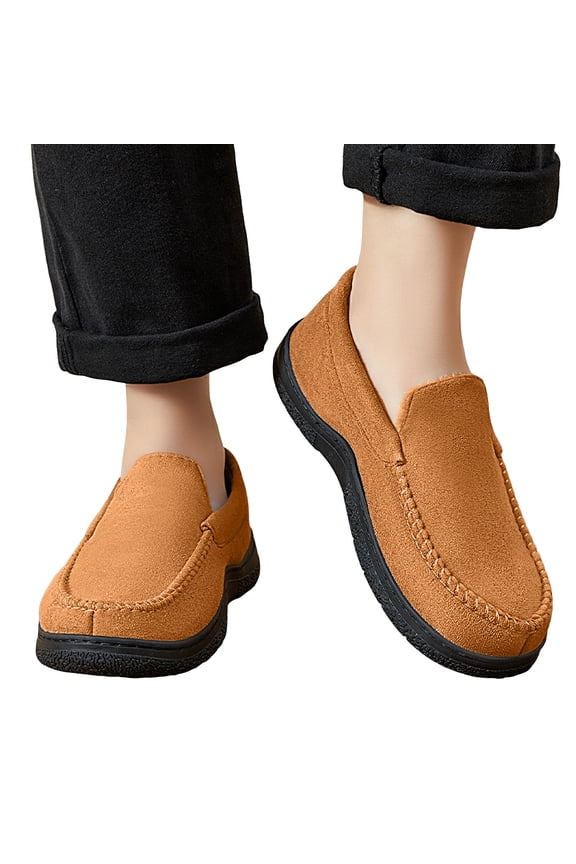 Men's Slip On Suede Flat Casual Shoes Winter Warm Fleece Lined Loafers Round Toe Platform Non Slip Walking Shoes Black Size 10-10.5