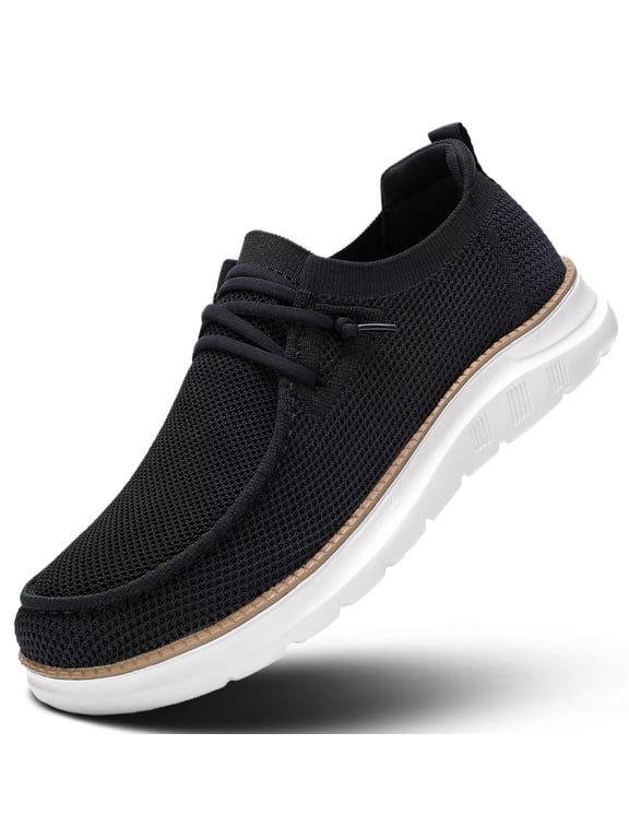 Men's Slip-On Walking Shoes Breathable Flyknit Casual Loafers Lightweight Comfortable Sneakers with Elastic Laces White
