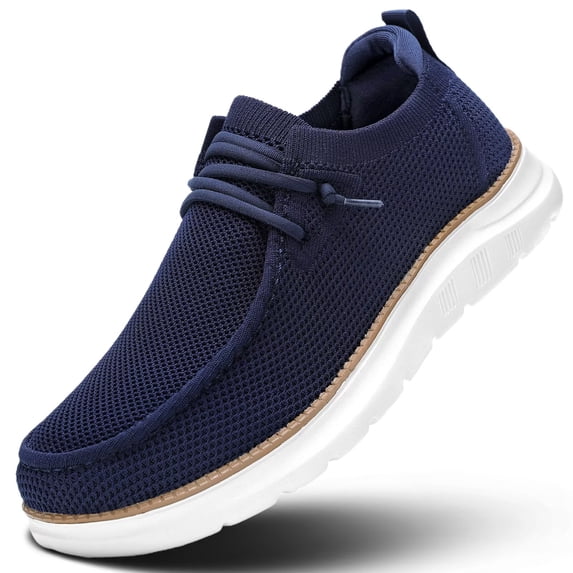 Men's Slip-On Walking Shoes Breathable Flyknit Casual Loafers Lightweight Comfortable Sneakers with Elastic Laces White