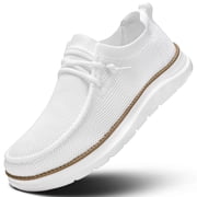 Men's Slip-On Walking Shoes Breathable Flyknit Casual Loafers Lightweight Comfortable Sneakers with Elastic Laces White