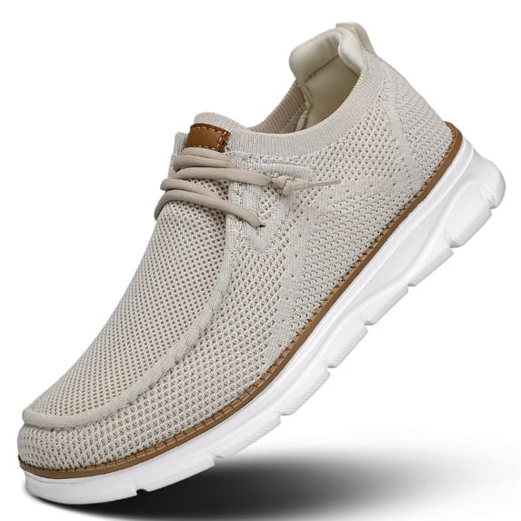 Men's Slip-On Walking Shoes Breathable Flyknit Casual Loafers Lightweight Comfortable Sneakers with Elastic Laces White