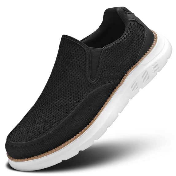 Men's Slip-On Walking Shoes Breathable Knit Mesh Sneakers Lightweight Casual Loafers with Cushioned Non-Slip Sole & Brown Heel Detail