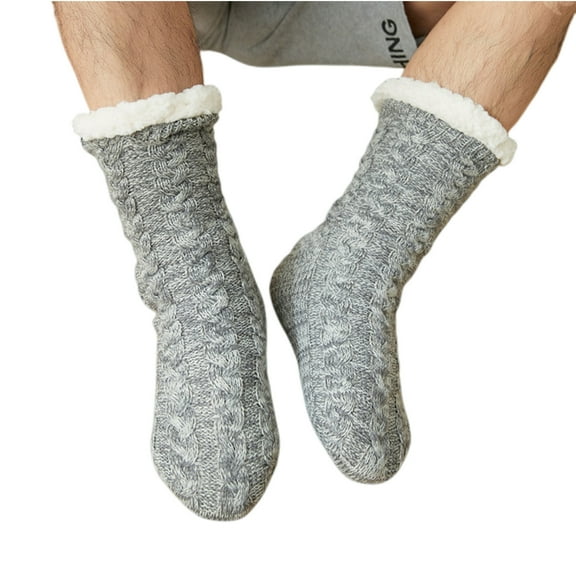 Men's Slipper Socks with Grips Non Slip Soft Cozy Fuzzy Fleece Lined Cable Knit Socks for Cold Winter