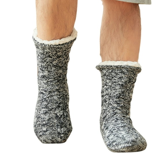 Men's Slipper Socks with Grips Non Slip Soft Cozy Fuzzy Fleece Lined Cable Knit Socks for Cold Winter
