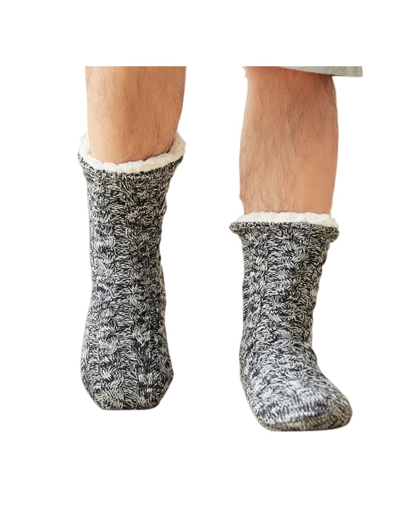 Men's Slipper Socks with Grips Non Slip Soft Cozy Fuzzy Fleece Lined Cable Knit Socks for Cold Winter