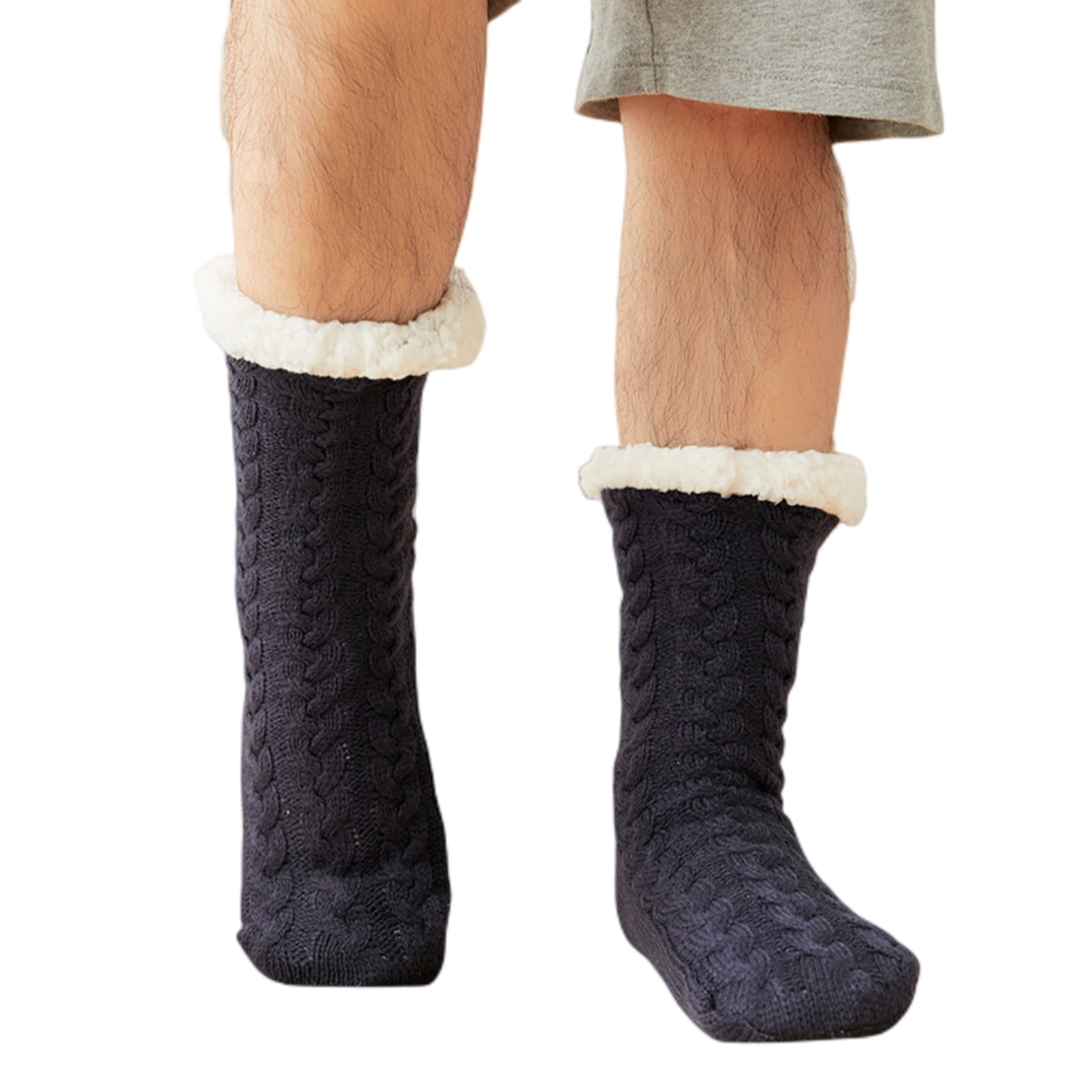 Men's Slipper Socks with Grips Non Slip Soft Cozy Fuzzy Fleece Lined Cable Knit Socks for Cold