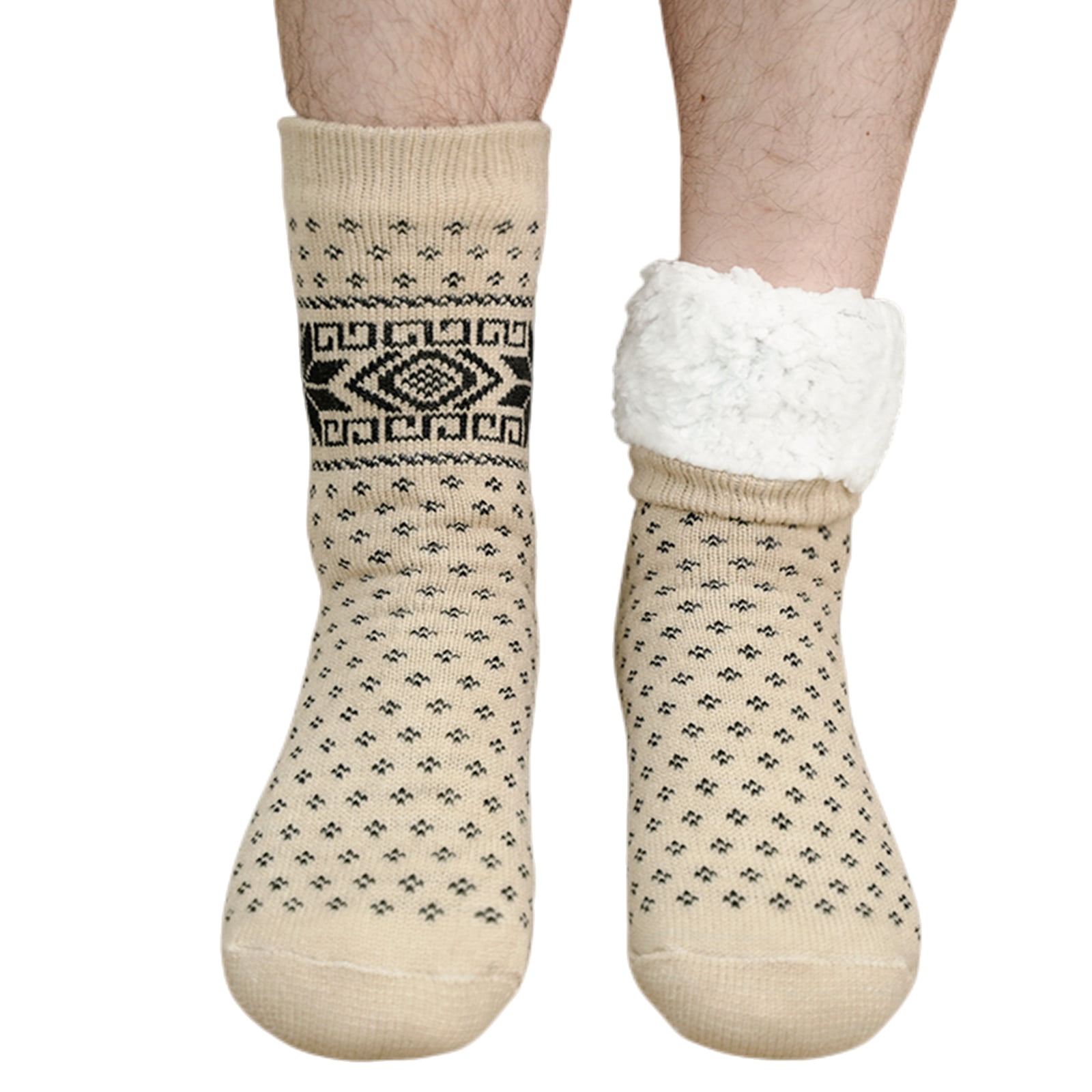 Men's Slipper Socks with Grips Non Slip Soft Fuzzy Cozy Fleece Lined Cable Knit Socks for Cold