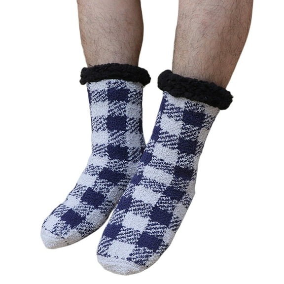 Men's Slipper Socks with Grips Non Slip Soft Fuzzy Cozy Fleece Lined Plaid Pattern Socks for Cold Winter