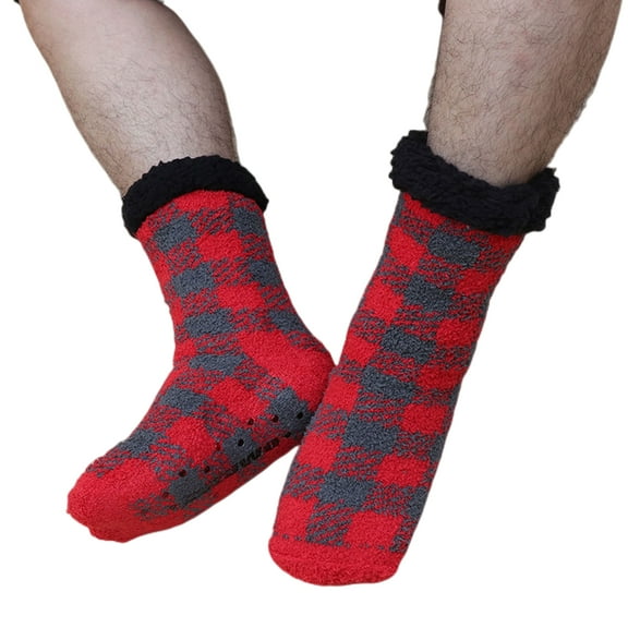 Men's Slipper Socks with Grips Non Slip Soft Fuzzy Cozy Fleece Lined Plaid Pattern Socks for Cold Winter