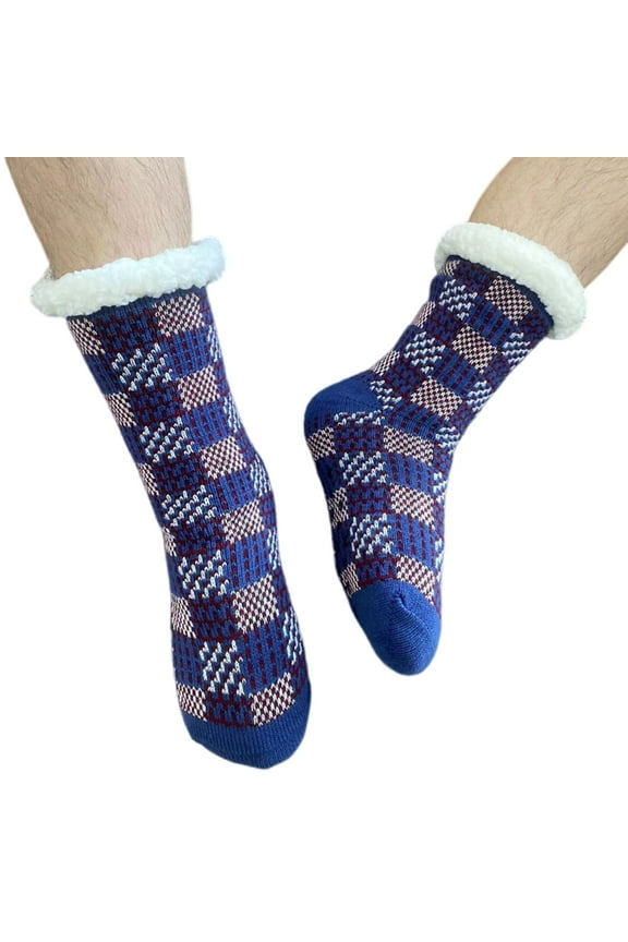 Men's Slipper Socks with Grips Non Slip Soft Fuzzy Cozy Fleece Lined Cable Knit Socks for Cold Winter
