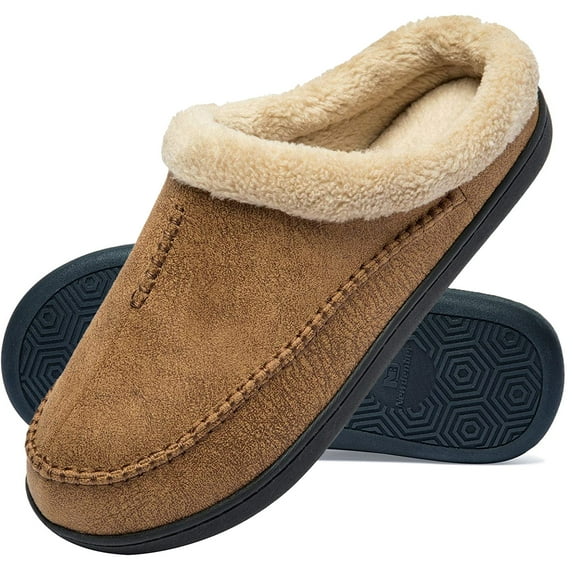 Men's Slippers Fuzzy House Shoes Memory Foam Slip On Clog Plush Wool Fleece Indoor Outdoor Brown, Size 8-8.5