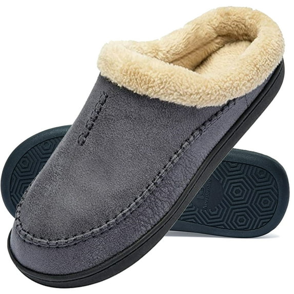 Men's Slippers Fuzzy House Shoes Memory Foam Slip On Clog Plush Wool Fleece Indoor Outdoor Gray, Size 11-12