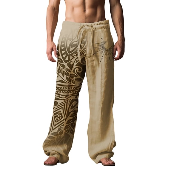 Men's Slub Linen Straight Leg Casual Pants With Vintage Print Khaki L