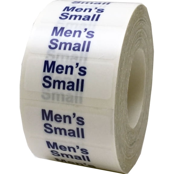 Men's Small Clear Clothing Size Strip Stickers, 1.25 x 5 Inches in Size, 125 Labels on a Roll