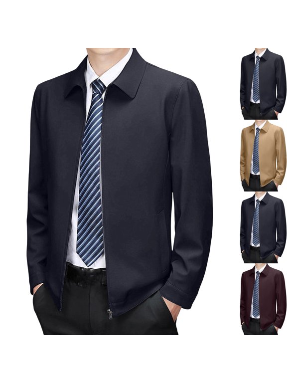 Men's Smart Business Casual Golf Jacket Classic Regular Fit Full Zip Turn Down Collar Bomber Coat, Lightweight with Pockets for Daily Commute Travel, Navy, L