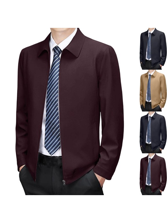 Men's Smart Business Casual Golf Jacket Classic Regular Fit Full Zip Turn Down Collar Bomber Coat, Lightweight with Pockets for Daily Commute Travel, Wine, L