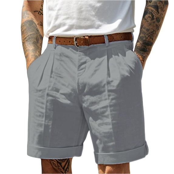 Men's Smart Casual Pleated Shorts High Waist Cotton Linen Summer Lightweight Wrinkle Resistant Rolled Hem Shorts for Commute Weekend Outings Gray 2XL