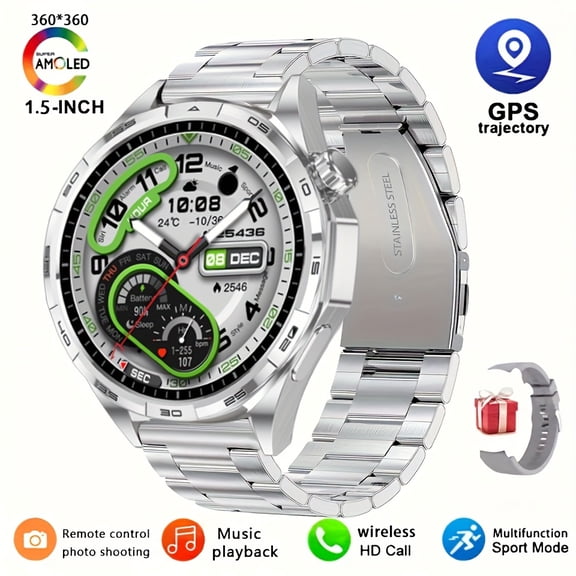 Men's Smart Watch: 1.5” Round AMOLED Display, GPS Tracker, Voice Assistant, Wireless Calling, Music Player, Fitness Bracelet, Outdoor Sports, Gift for Dad/Husband