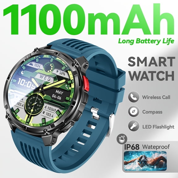 Men's Smart Watch, 1.7" HD Display, 1100mAh/90 Days Standby, 120+ Sports Modes, Compass, Flashlight, Wireless Call, 200+ Watch Faces, Voice Assistant, iOS Android Compatible