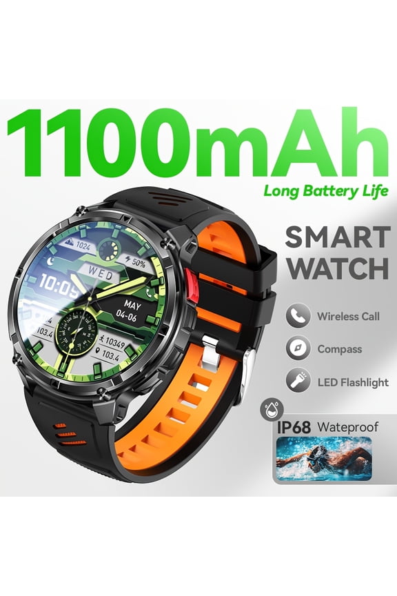 Men's Smart Watch, 1.7" HD Display, 1100mAh/90 Days Standby, 120+ Sports Modes, Compass, Flashlight, Wireless Call, 200+ Watch Faces, Voice Assistant, iOS Android Compatible