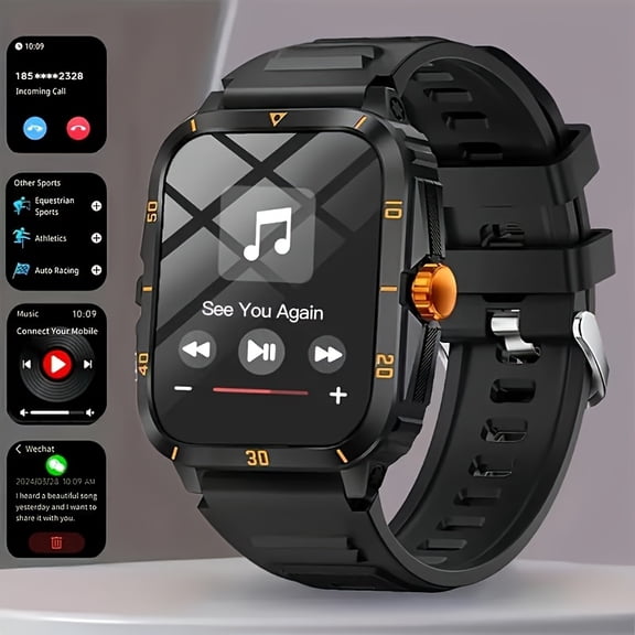 Men's Smart Watch with 5.3, 2.01” HD Display (Compatible with /), Dual Straps, Call/SMS Alerts, Music Control & App, USB- Smartwatch - Ideal for Gym,, Driving - Perfect Tech Gift