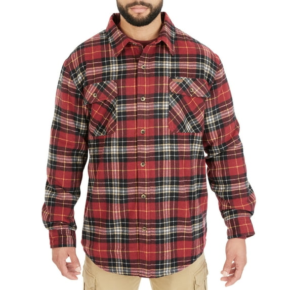 Men's Smith's Workwear Plaid Sherpa-Lined Cotton Flannel Shirt Jacket Color: Burgundy 437 Size: L