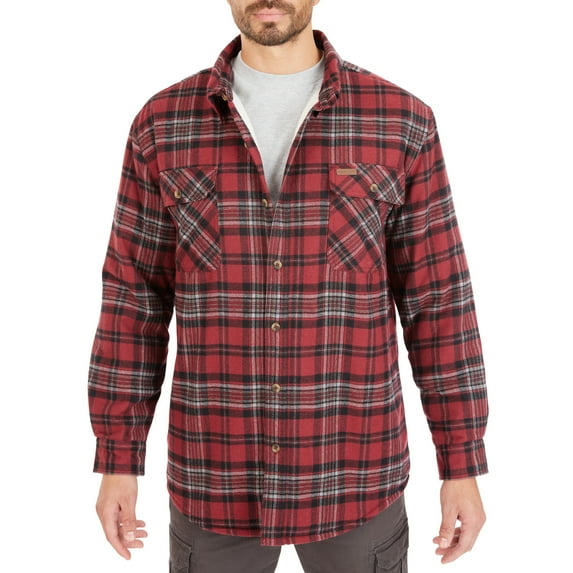 Men's Smith's Workwear Plaid Sherpa-Lined Cotton Flannel Shirt Jacket Color: Burgundy Size: XL